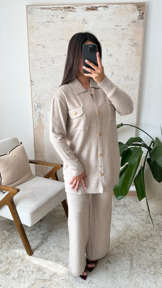 TWEEDELIGE GEBREIDE TWINSET BEIGE/TAUPE