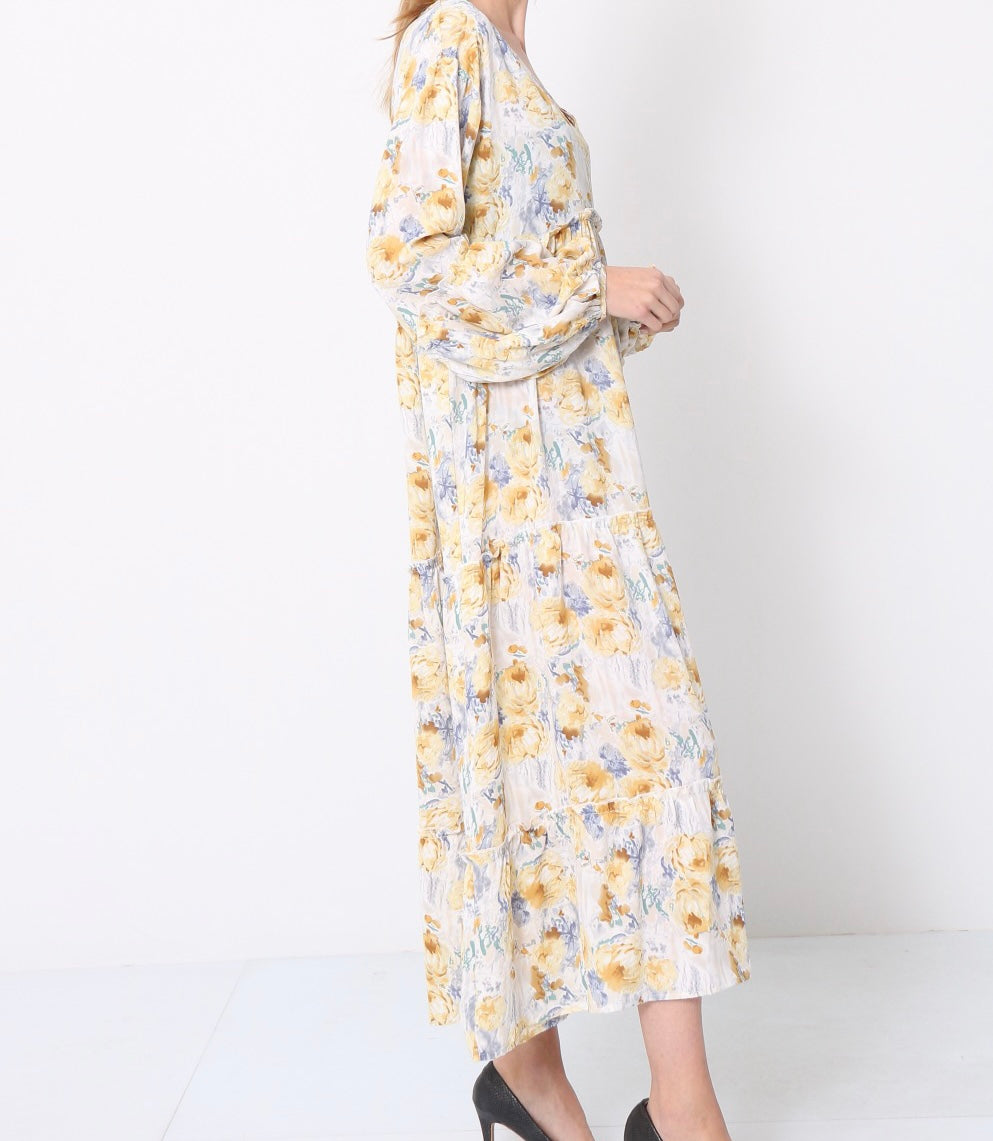 LEYLA MAXI JURK MET RUFFLE LICHTGEEL